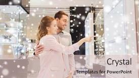  Presentation with people mall - Slide deck enhanced with sale consumerism and people concept - happy couple pointing finger to shopping window at jewelry store in mall with snow effect background and a lemonade colored foreground