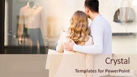  Presentation with consumerism - Beautiful PPT theme featuring sale consumerism and people concept - close up of happy couple with shopping bags looking at shop window in city backdrop and a lemonade colored foreground