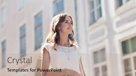  Presentation with city people walking - Theme featuring sale consumerism and people concept - happy young woman with shopping bags walking along city street background and a mint green colored foreground