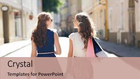  Presentation with city people walking - Colorful PPT theme enhanced with sale consumerism and people concept backdrop and a coral colored foreground