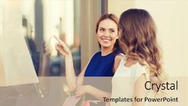  Presentation with consumerism - Presentation theme featuring sale consumerism and people concept - happy young women with shopping bags pointing finger to shop window in city background and a lemonade colored foreground