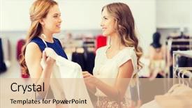  Presentation with consumerism - PPT theme featuring sale consumerism and people concept - happy young women with shopping bags choosing clothes at clothing shop background and a lemonade colored foreground