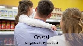  Presentation with supermarket shopping cart buying food - Amazing slide set having sale consumerism and people concept - happy family with child and shopping cart buying food at grocery store or supermarket backdrop and a light blue colored foreground