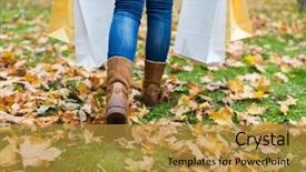  Presentation with consumerism - PPT theme with sale consumerism season and people concept - woman with shopping bags walking along autumn park background and a gold colored foreground