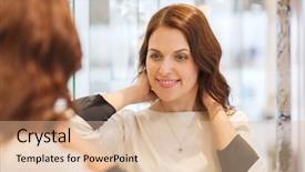  Presentation with consumerism - Audience pleasing presentation design consisting of sale consumerism shopping and people concept - happy woman choosing and trying on pendant at jewelry store backdrop and a lemonade colored foreground