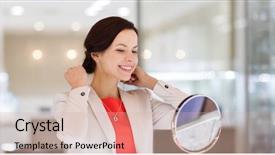  Presentation with consumerism - Slide deck having sale consumerism shopping and people concept - happy woman choosing and trying on pendant at jewelry store background and a coral colored foreground