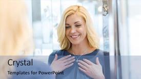  Presentation with consumerism - Slides featuring sale consumerism shopping and people concept - happy woman choosing and trying on pendant at jewelry store background and a teal colored foreground