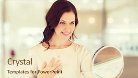  Presentation with consumerism - PPT layouts having sale consumerism shopping and people concept - happy woman choosing and trying on pendant at jewelry store background and a lemonade colored foreground