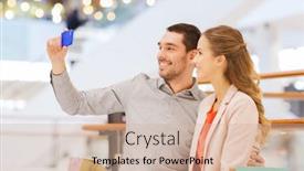  Presentation with people mall - Presentation theme with sale consumerism technology and people concept - happy young couple with shopping bags and smartphone taking selfie in mall background and a soft green colored foreground
