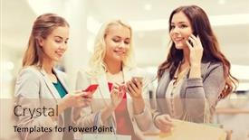  Presentation with people mall - Amazing slide deck having sale consumerism technology and people concept - happy young women with smartphones and shopping bags in mall backdrop and a coral colored foreground