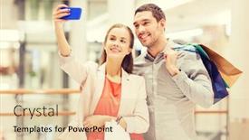  Presentation with people mall - Theme enhanced with sale consumerism technology and people concept - happy young couple with shopping bags and smartphone taking selfie in mall background and a lemonade colored foreground
