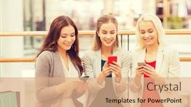  Presentation with people mall - Cool new slide set with sale consumerism technology and people concept - happy young women with smartphones and shopping bags in mall backdrop and a coral colored foreground