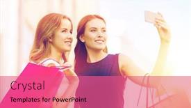  Presentation with consumerism - Presentation design having sale consumerism technology and people concept - happy young women with shopping bags and smartphone taking selfie on city street background and a coral colored foreground