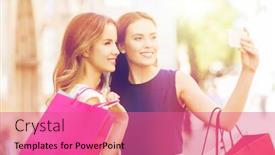  Presentation with consumerism - Beautiful slides featuring sale consumerism technology and people concept - happy young women with shopping bags and smartphone taking selfie on city street backdrop and a coral colored foreground