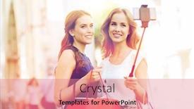  Presentation with consumerism - Cool new PPT layouts with sale consumerism technology and people concept - happy young women with shopping bags and smartphone selfie stick taking picture on city street backdrop and a coral colored foreground
