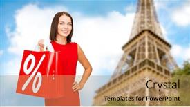  Presentation with percent - Theme consisting of sale discount tourism and holidays concept - smiling young woman in red dress with shopping bags with percent sign over paris eiffel tower background background and a coral colored foreground
