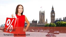  Presentation with percent - Cool new theme with sale discount tourism and holidays concept - smiling young woman in red dress with shopping bags with percent sign over london city background backdrop and a red colored foreground