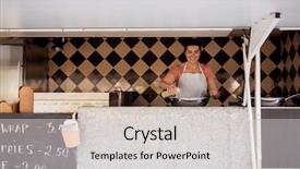  Presentation with food truck - Amazing PPT theme having sale eating and people concept backdrop and a light gray colored foreground