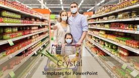  Presentation with supermarket shopping cart buying food - PPT theme having sale-family-and-pandemic-concept background and a coral colored foreground