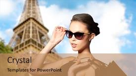  Presentation with black luxury fashion - Presentation theme with sale fashion tour people and luxury concept - happy beautiful young woman in black sunglasses with shopping bags over paris eiffel tower background background and a coral colored foreground
