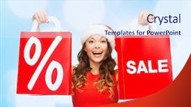  Presentation with percent - Presentation theme consisting of sale gifts christmas holidays and people concept - smiling woman in red dress with shopping bags and percent sign on them over blue lights background background and a sky blue colored foreground
