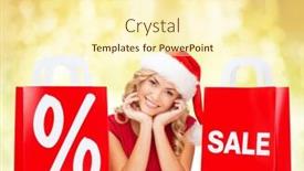  Presentation with percent - Presentation theme enhanced with sale gifts christmas holidays and people concept - smiling woman in santa helper hat with shopping bags and percent sign over yellow lights background background and a cream colored foreground