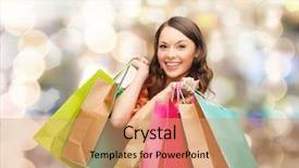  Presentation with christmas sale christmas products - Slides having sale gifts christmas holidays and people concept - smiling woman with colorful shopping bags over lights background background and a coral colored foreground