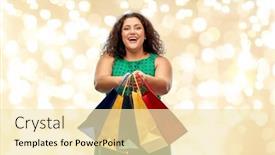  Presentation with green lights - Amazing presentation design having sale holidays and consumerism concept - happy woman in green dress with shopping bags over festive lights on beige background backdrop and a lemonade colored foreground
