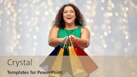  Presentation with consumerism - Presentation design consisting of sale holidays and consumerism concept - happy woman in green dress with shopping bags over festive lights on grey background background and a coral colored foreground