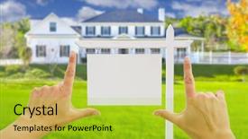  Presentation with home window frame - Presentation theme with sale metaphor - female hands framing home blank background and a yellow colored foreground