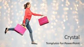  Presentation with holidays - Cool new PPT theme with sale motion and people concept - smiling young woman with shopping bags running in air over holidays lights background backdrop and a light gray colored foreground