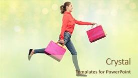  Presentation with green lights - Presentation design with sale motion and people concept - smiling young woman with shopping bags running in air over summer green lights background background and a soft green colored foreground