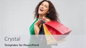  Presentation with outlet - Slide set consisting of sale outlet and consumerism concept - happy woman in green dress with shopping bags over grey background background and a light gray colored foreground