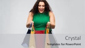  Presentation with outlet - Beautiful slide deck featuring sale outlet and consumerism concept - happy woman in green dress with shopping bags over grey background backdrop and a light gray colored foreground