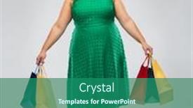  Presentation with outlet - Colorful presentation theme enhanced with sale outlet and consumerism concept - happy woman in green dress with shopping bags over grey background backdrop and a ocean colored foreground