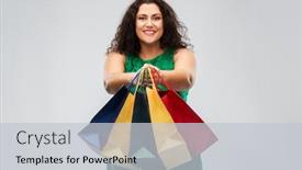  Presentation with outlet - Amazing presentation theme having sale outlet and consumerism concept - happy woman in green dress with shopping bags over grey background backdrop and a light gray colored foreground