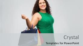  Presentation with outlet - Presentation design consisting of sale outlet and consumerism concept - happy woman in green dress with shopping bags over grey background background and a light gray colored foreground