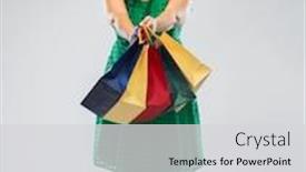  Presentation with outlet - Beautiful PPT theme featuring sale outlet and consumerism concept - happy woman in green dress with shopping bags over grey background backdrop and a light gray colored foreground