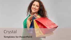  Presentation with outlet - Slide deck featuring sale outlet and consumerism concept - happy woman in green dress with shopping bags over grey background background and a coral colored foreground