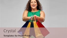  Presentation with outlet - PPT layouts having sale outlet and consumerism concept - happy woman in green dress with shopping bags over grey background background and a coral colored foreground