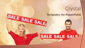  Presentation with christmas sale - Presentation theme featuring sale shopping christmas holidays and people concept - smiling man and woman in red clothes with sale signs over beige lights background background and a lemonade colored foreground