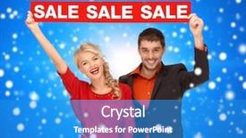  Presentation with christmas sale - Slides consisting of sale shopping christmas holidays and people concept - smiling man and woman in red dress with red sale sign over blue snowing background background and a teal colored foreground