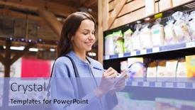  Presentation with consumerism - Cool new PPT layouts with sale shopping consumerism and people concept - happy young woman taking notes to notebook in market backdrop and a light blue colored foreground