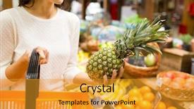  Presentation with retail food - PPT theme featuring sale shopping consumerism and people background and a gold colored foreground