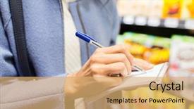  Presentation with consumerism - Amazing presentation theme having sale shopping consumerism and people concept - close up of young woman with pen taking notes to notebook in market backdrop and a yellow colored foreground