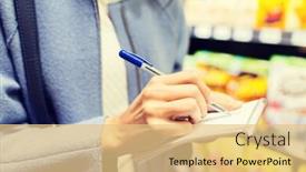  Presentation with consumerism - Theme consisting of sale shopping consumerism and people concept - close up of young woman with pen taking notes to notebook in market background and a lemonade colored foreground