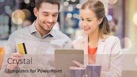  Presentation with people mall - Presentation theme having sale shopping consumerism leisure and people concept - happy couple with tablet pc and credit card drinking coffee in mall background and a coral colored foreground