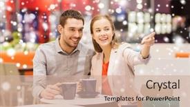  Presentation with people mall - PPT theme featuring sale shopping consumerism leisure and people concept - happy couple with shopping bags drinking coffee in mall with snow effect background and a soft green colored foreground