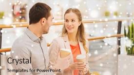  Presentation with paper cups - PPT layouts having sale shopping consumerism leisure and people concept - happy couple with shopping bags drinking coffee from paper cups in mall with snow effect background and a soft green colored foreground