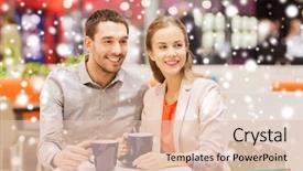  Presentation with people mall - Presentation enhanced with sale shopping consumerism leisure and people concept - happy couple with shopping bags drinking coffee in mall with snow effect background and a lemonade colored foreground